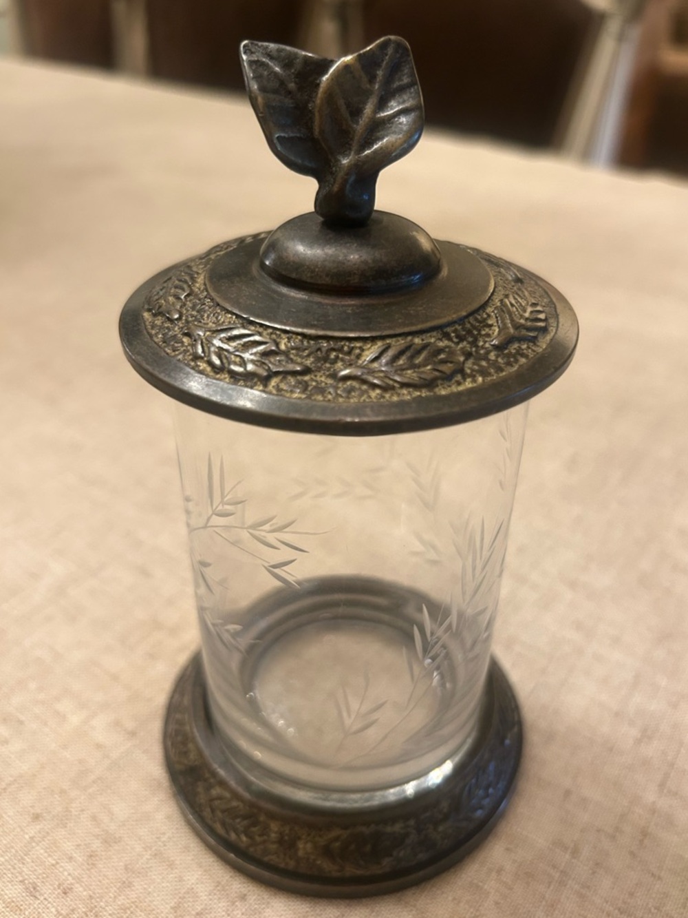 Vintage SPI Glass Etched Vessel with Metal Lid and Base
